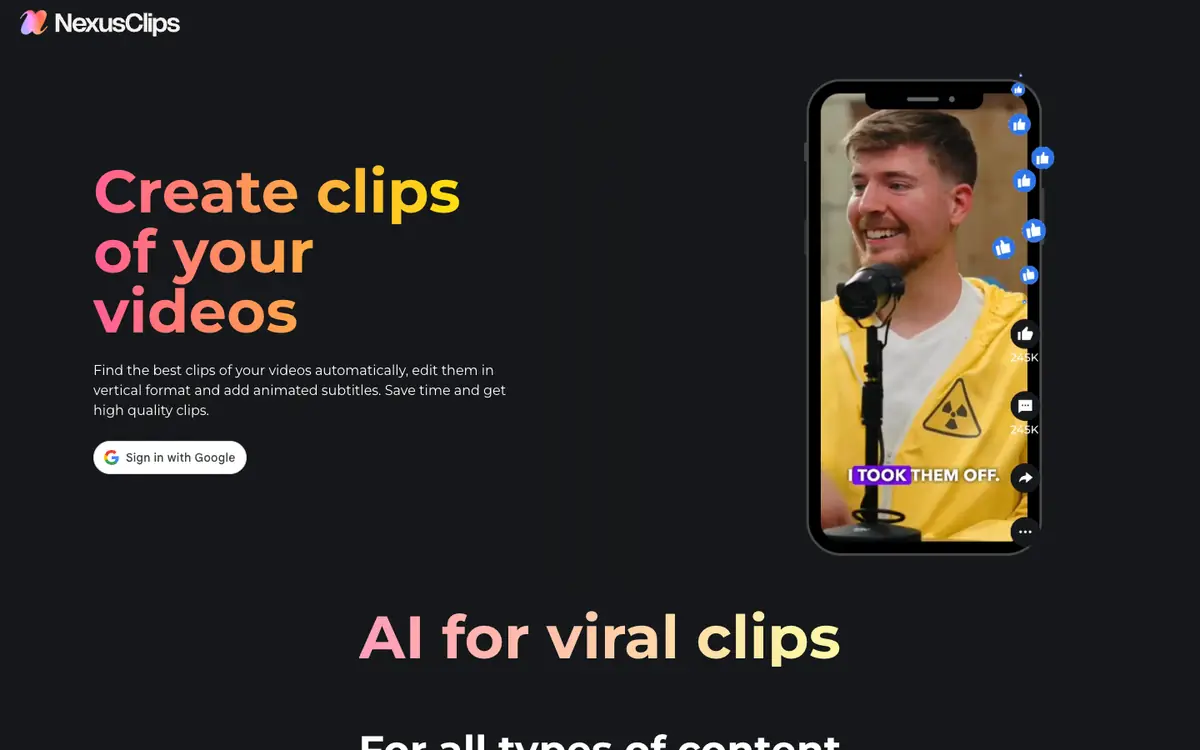Capture d’écran de la page d’accueil de Nexus Clips