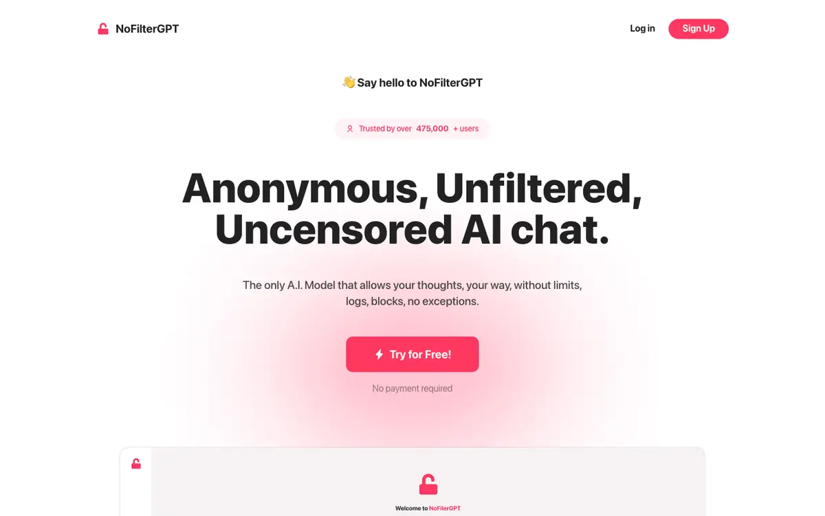 Capture d’écran de la page d’accueil de NoFilterGPT