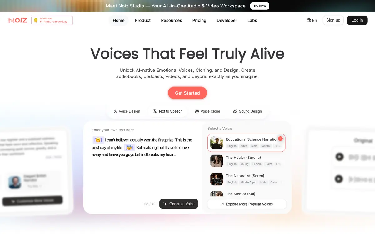 Capture d’écran de la page d’accueil de Noiz AI