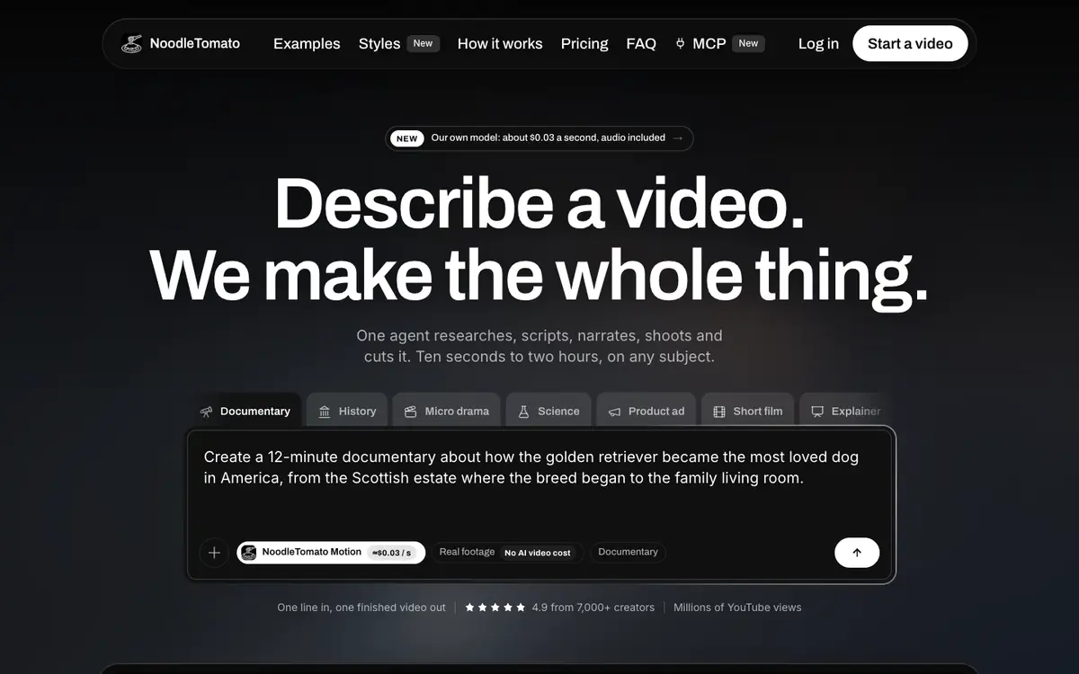Capture d’écran de la page d’accueil de NoodleTomato