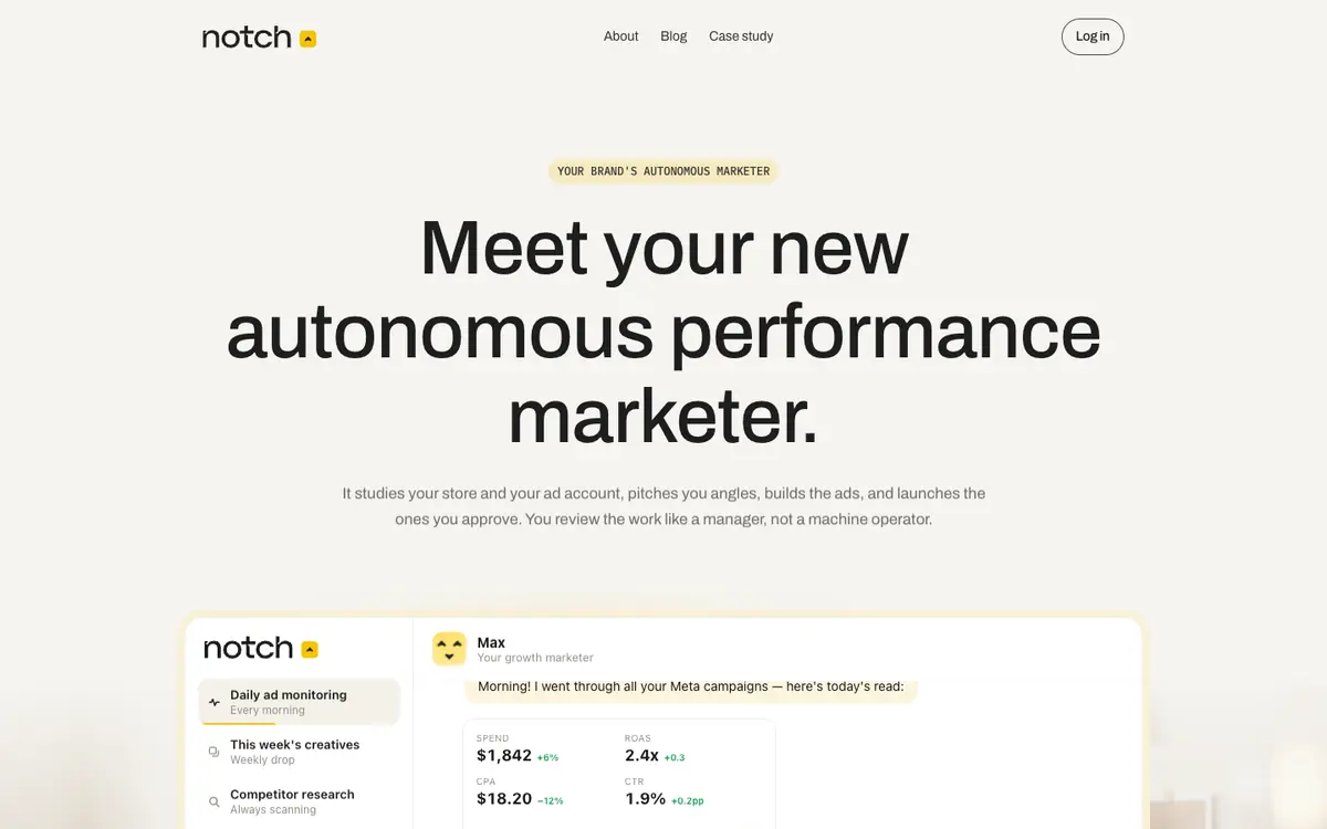 Capture d’écran de la page d’accueil de Notch