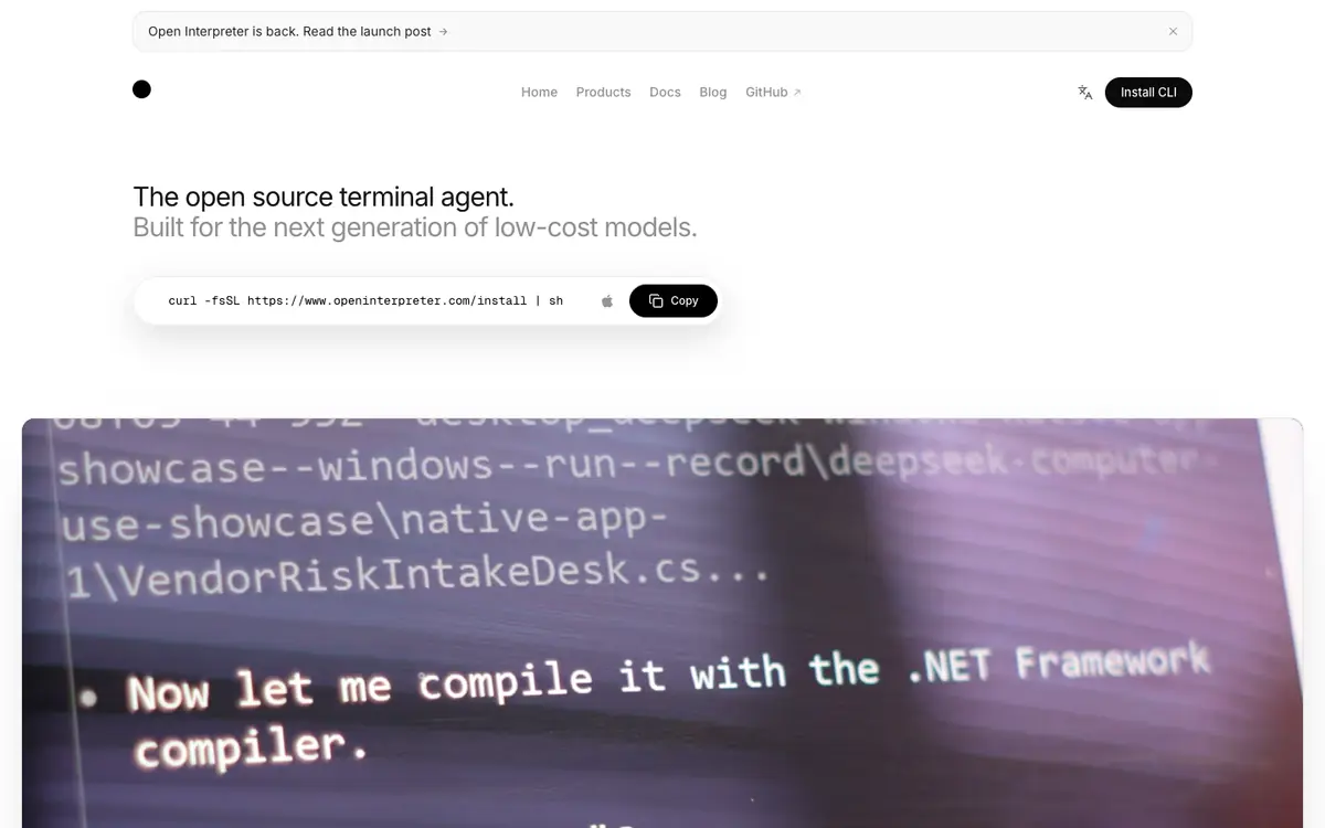 Capture d’écran de la page d’accueil de Open Interpreter