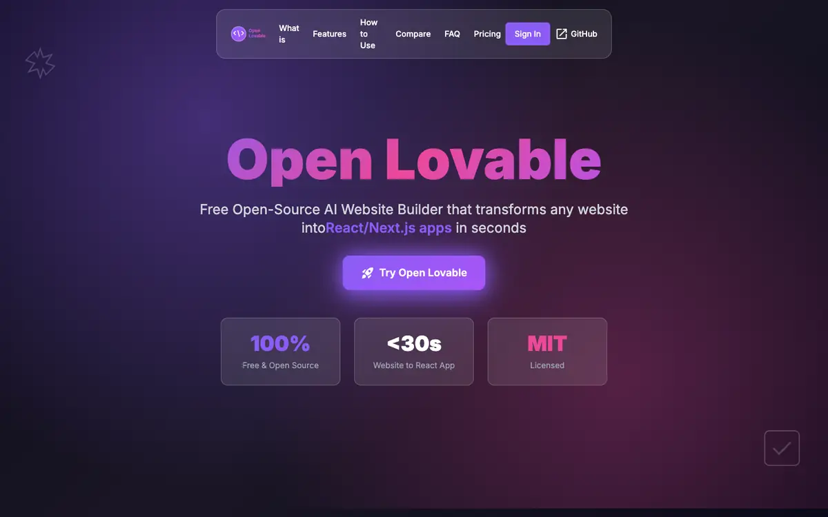 Capture d’écran de la page d’accueil de Open Lovable