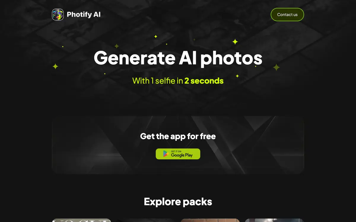 Capture d’écran de la page d’accueil de Photify AI