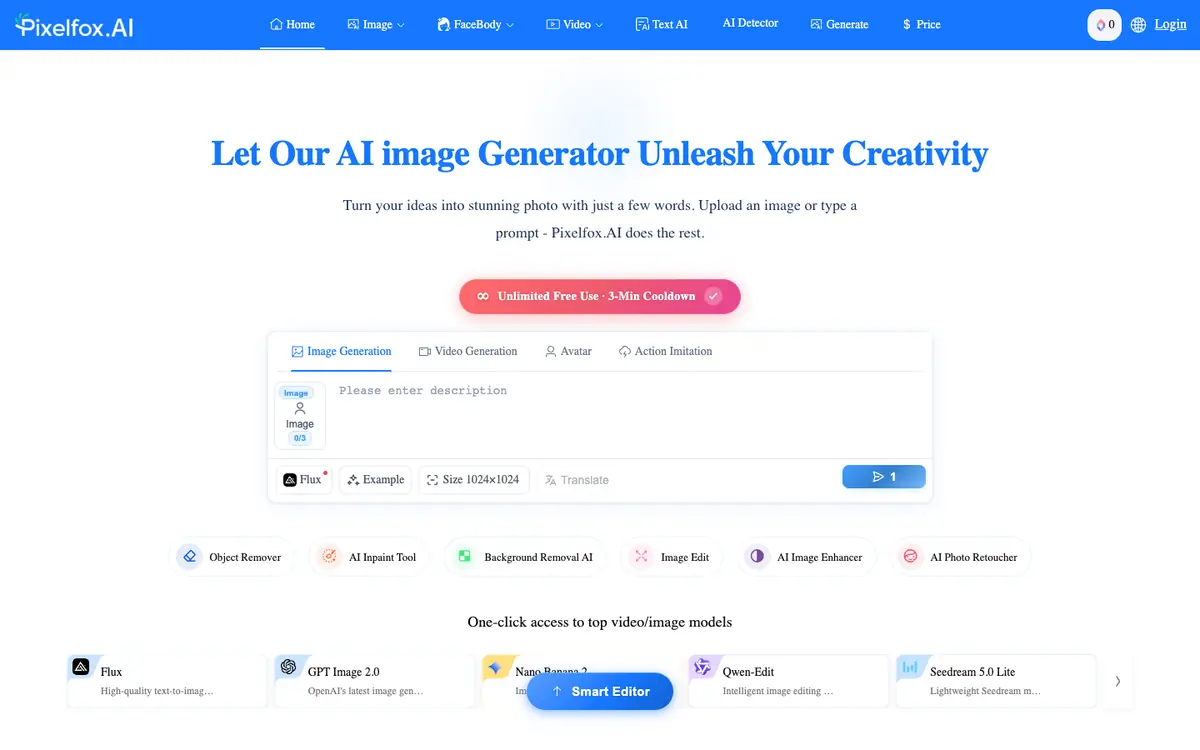 Capture d’écran de la page d’accueil de Pixelfox AI