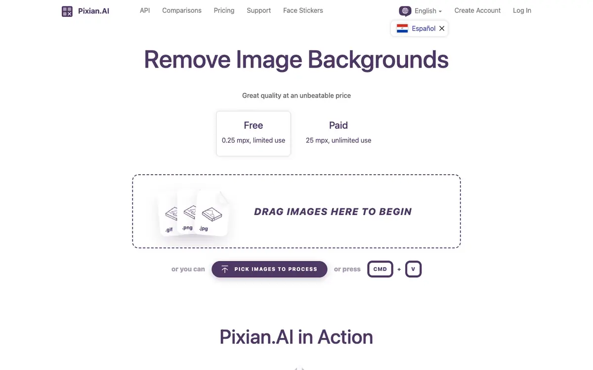 Capture d’écran de la page d’accueil de Pixian.AI