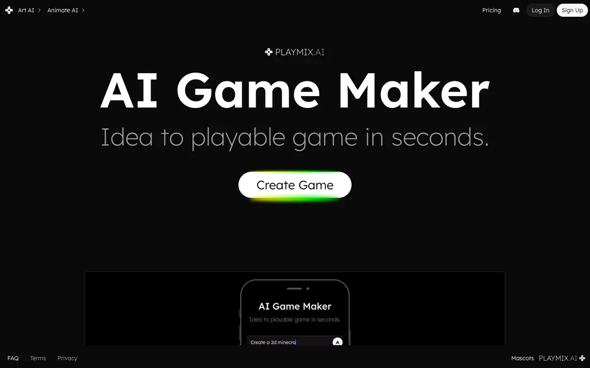 Capture d’écran de la page d’accueil de PLAYMIX.AI