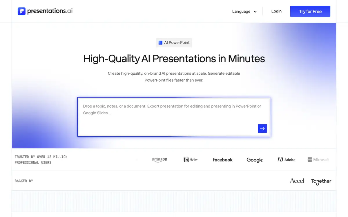 Capture d’écran de la page d’accueil de Presentations.AI