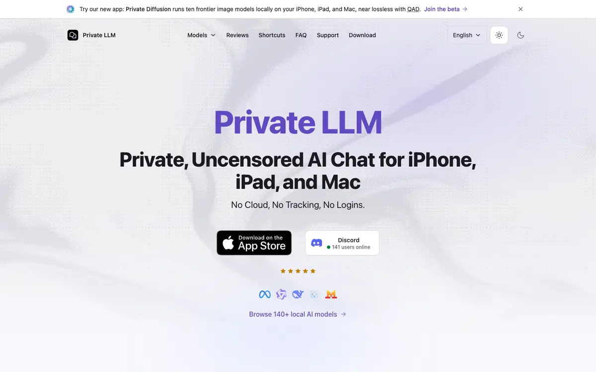 Capture d’écran de la page d’accueil de Private LLM
