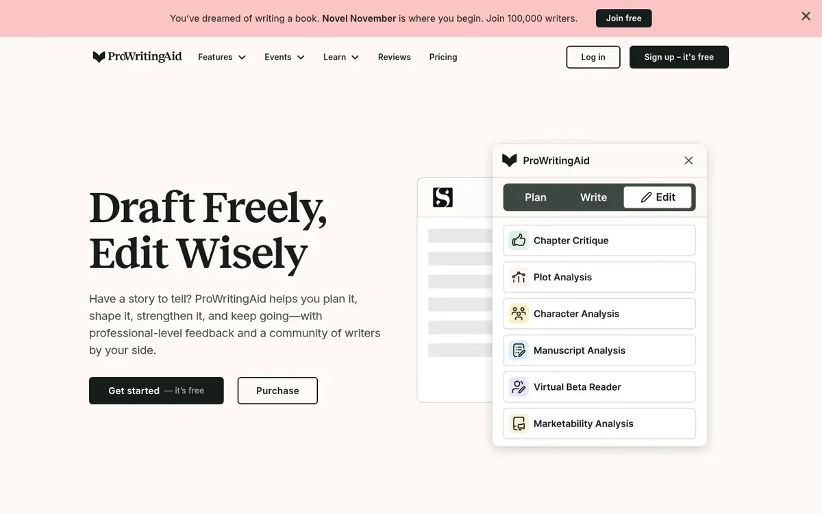 Capture d’écran de la page d’accueil de ProWritingAid