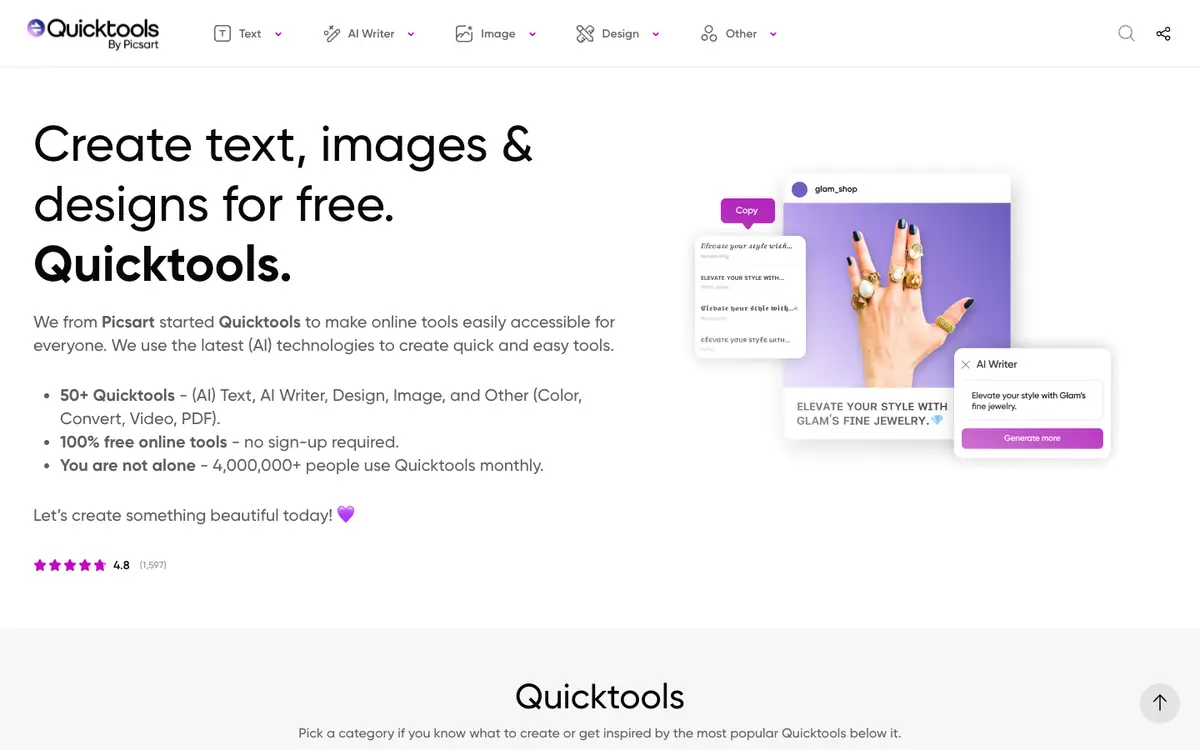 Capture d’écran de la page d’accueil de Quicktools