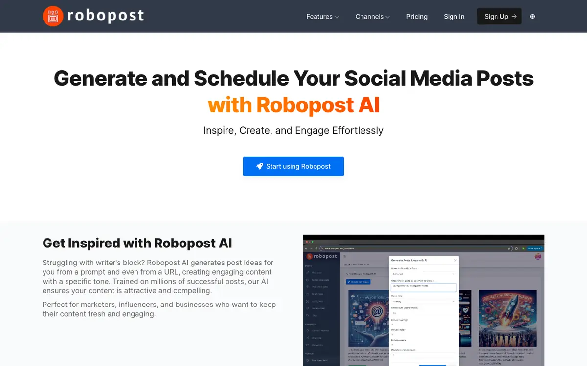 Capture d’écran de la page d’accueil de Robopost AI