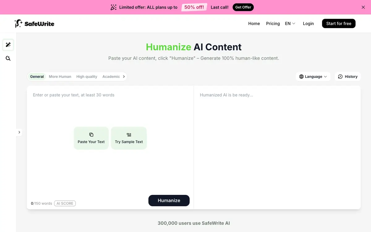 Capture d’écran de la page d’accueil de SafeWrite