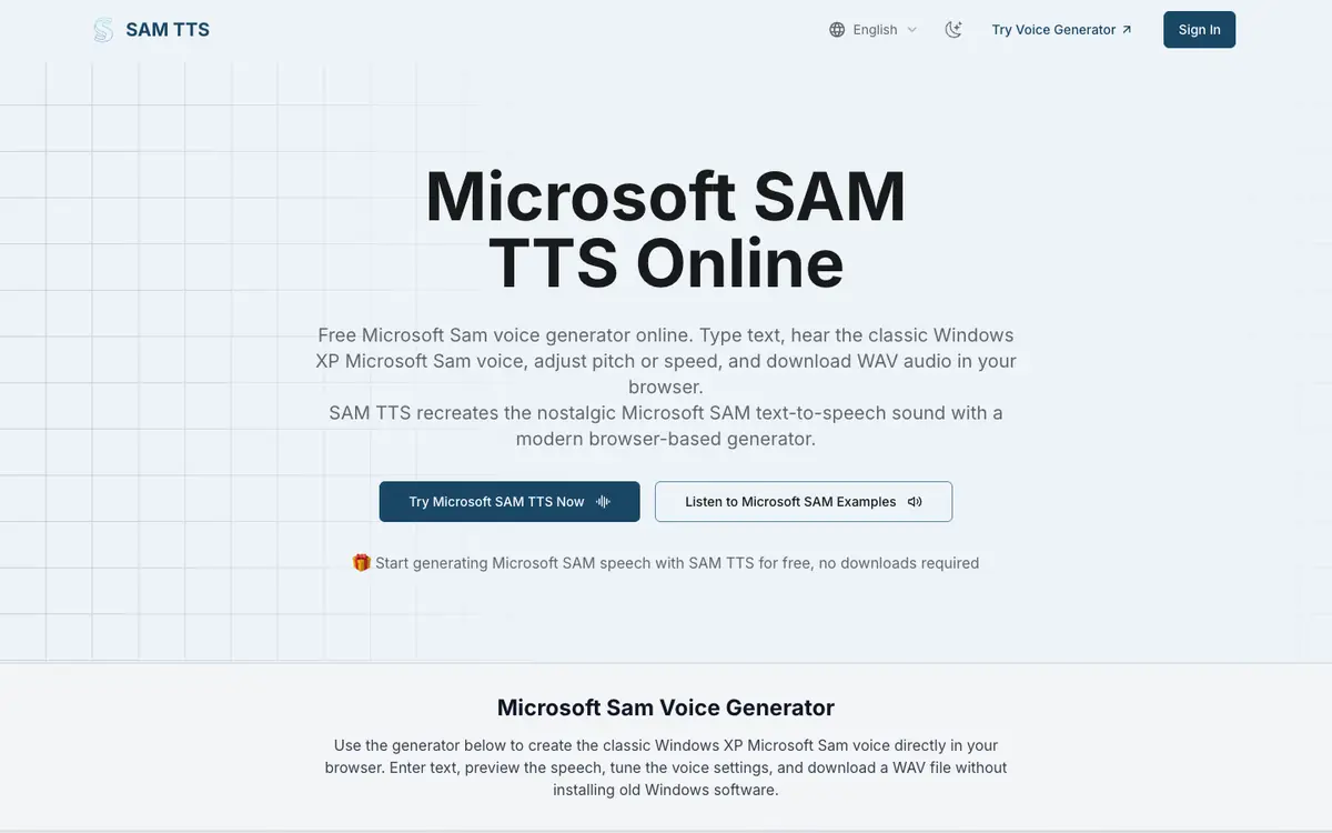 Capture d’écran de la page d’accueil de SAM TTS