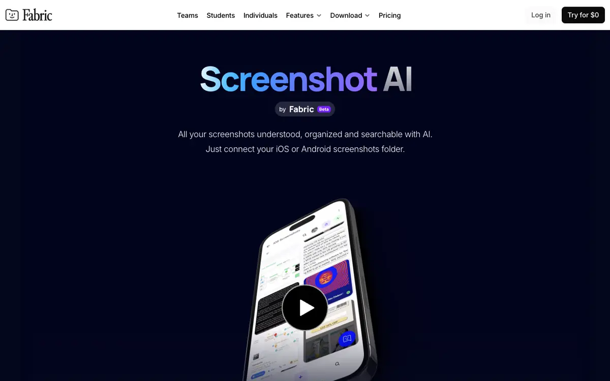 Capture d’écran de la page d’accueil de ScreenshotAI