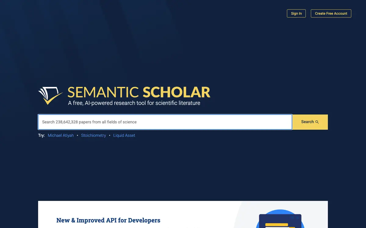 Capture d’écran de la page d’accueil de Semantic Scholar