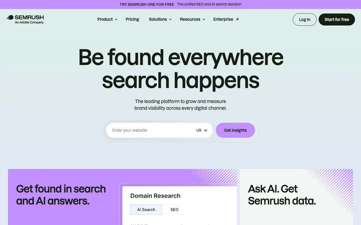 Capture d’écran de la page d’accueil de Semrush