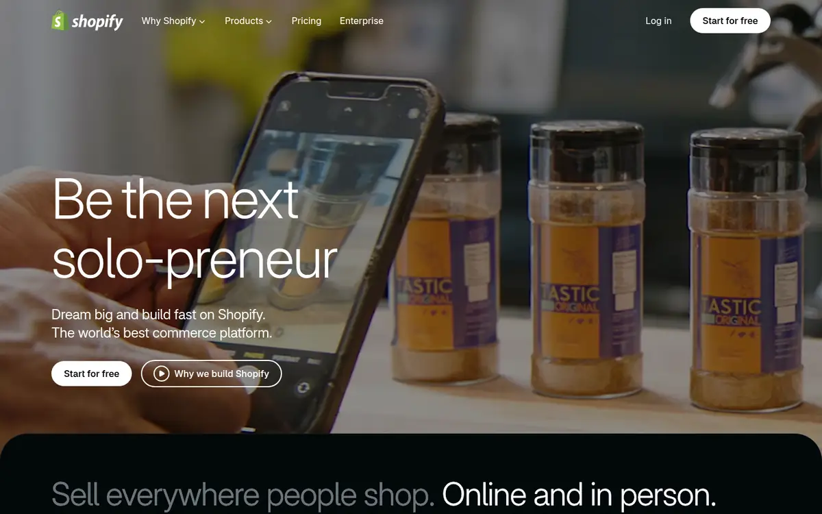 Capture d’écran de la page d’accueil de Shopify