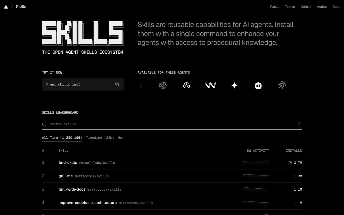 Capture d’écran de la page d’accueil de Skills