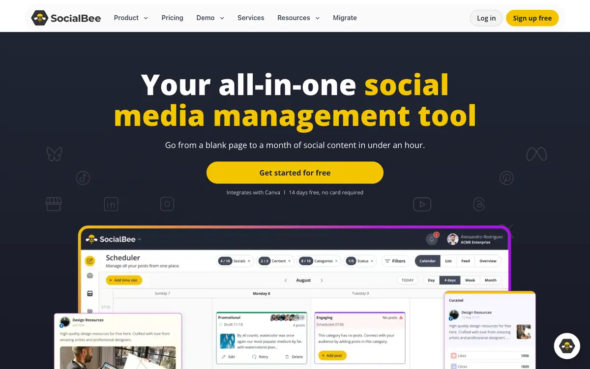 Capture d’écran de la page d’accueil de SocialBee