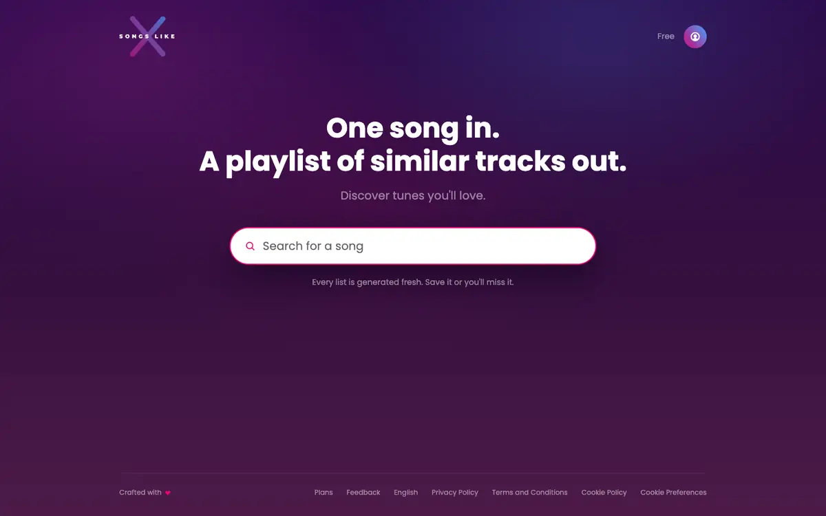 Capture d’écran de la page d’accueil de Songs Like X