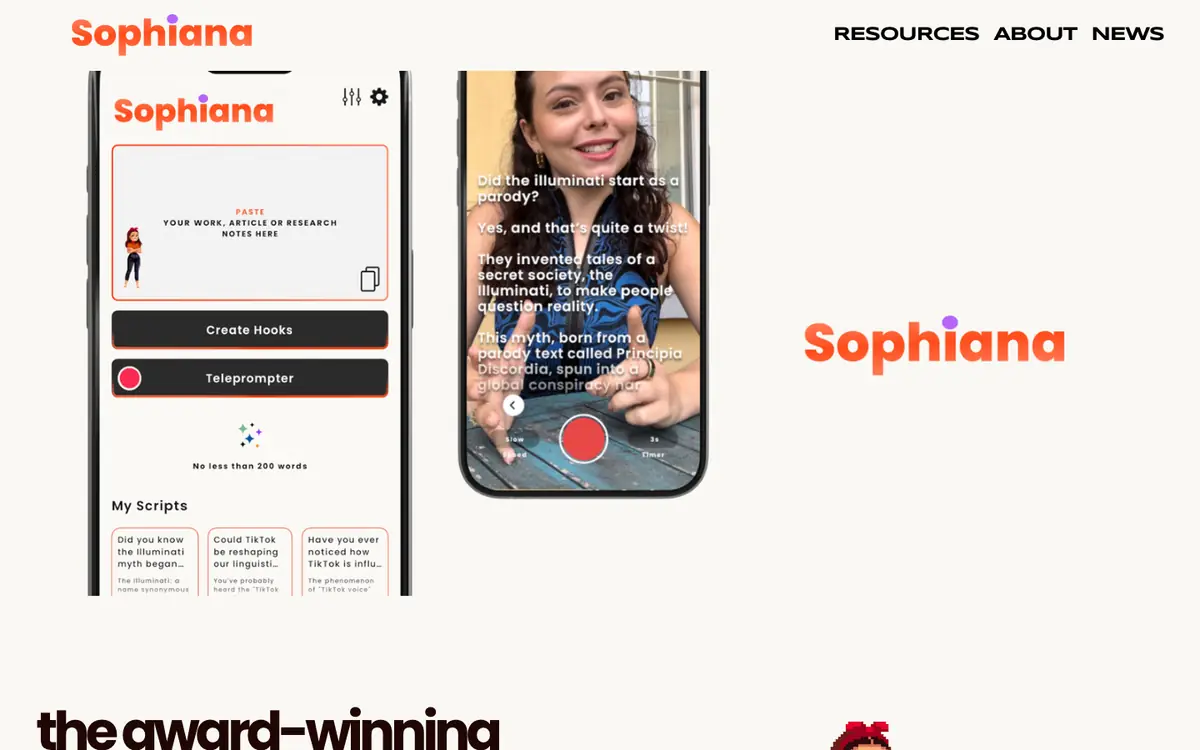 Capture d’écran de la page d’accueil de Sophiana