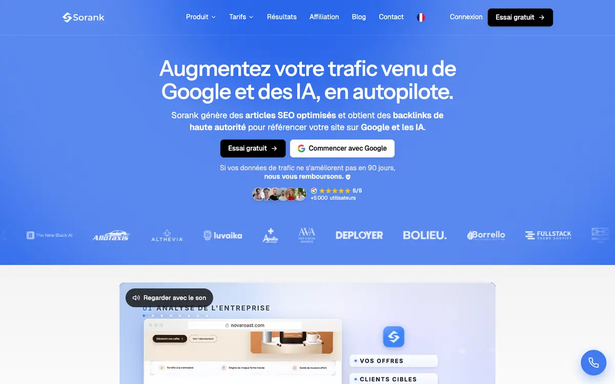 Capture d’écran de la page d’accueil de Sorank