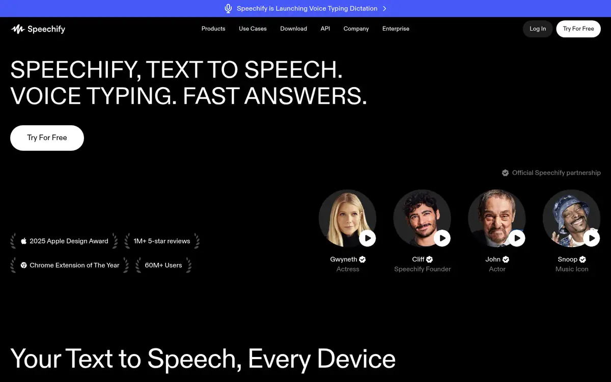 Capture d’écran de la page d’accueil de Speechify