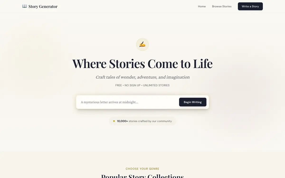 Capture d’écran de la page d’accueil de Story Generator