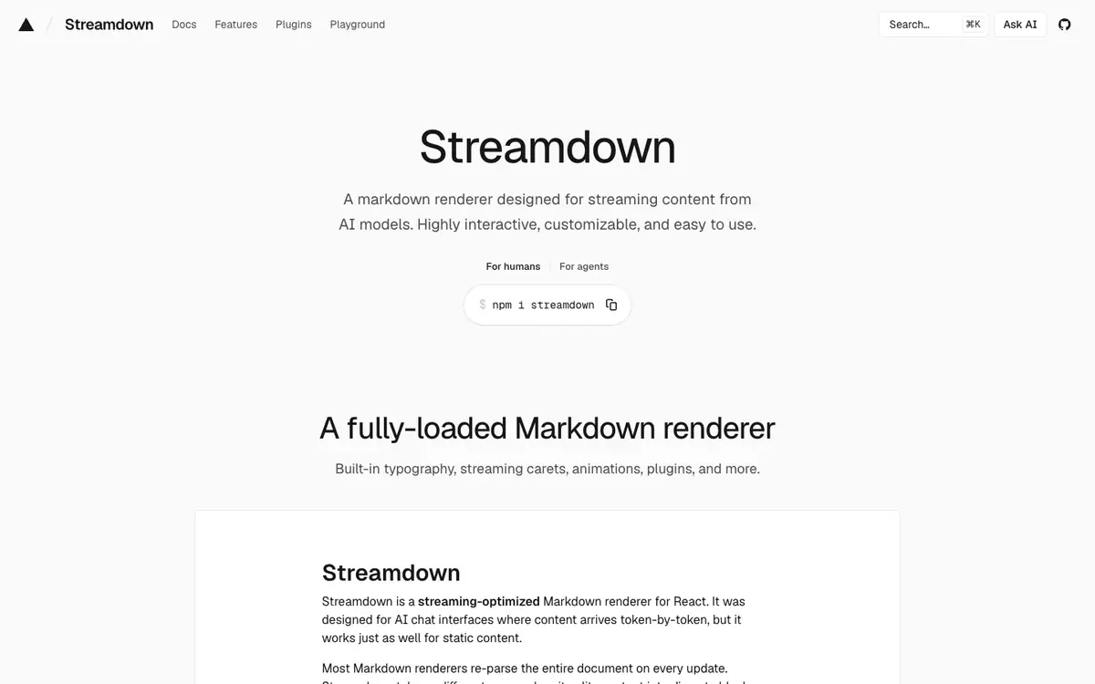 Capture d’écran de la page d’accueil de Streamdown