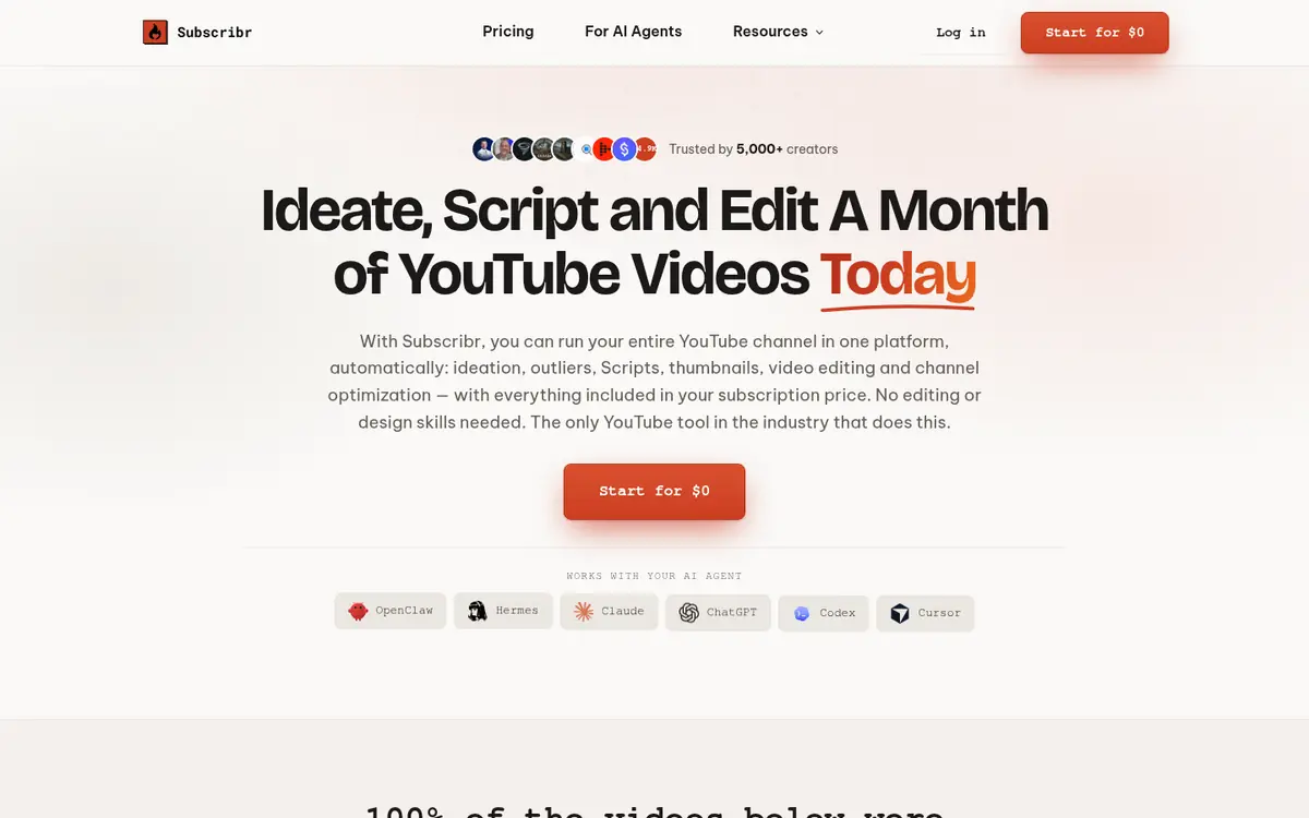 Capture d’écran de la page d’accueil de Subscribr