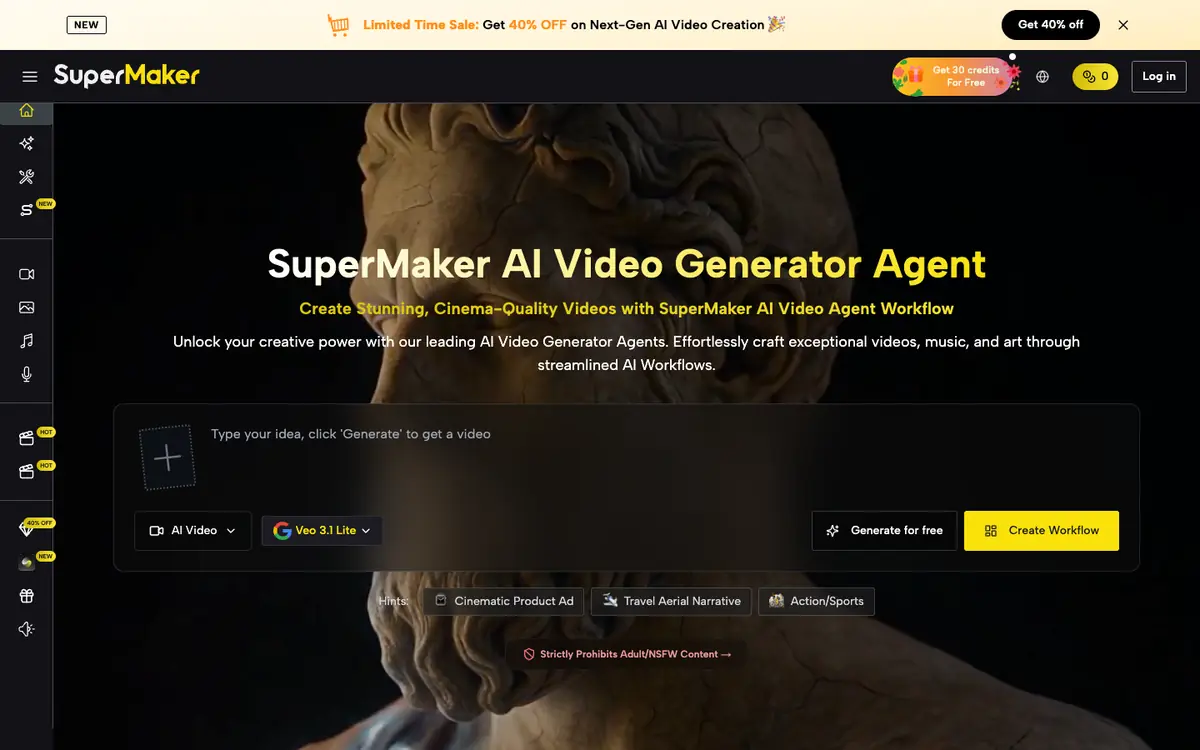 Capture d’écran de la page d’accueil de SuperMaker AI