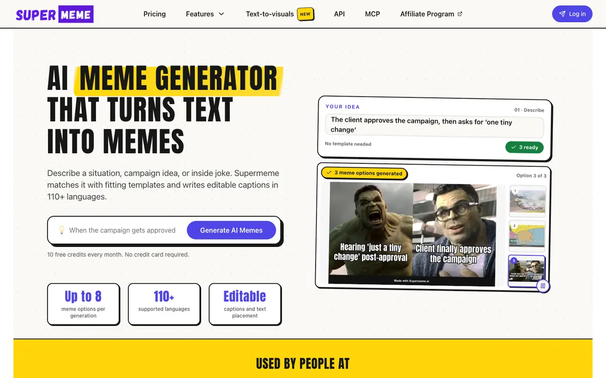 Capture d’écran de la page d’accueil de Supermeme.ai