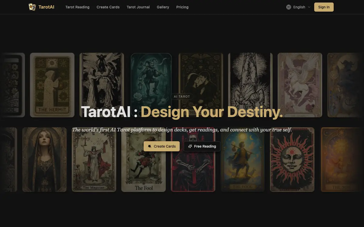 Capture d’écran de la page d’accueil de TarotAI