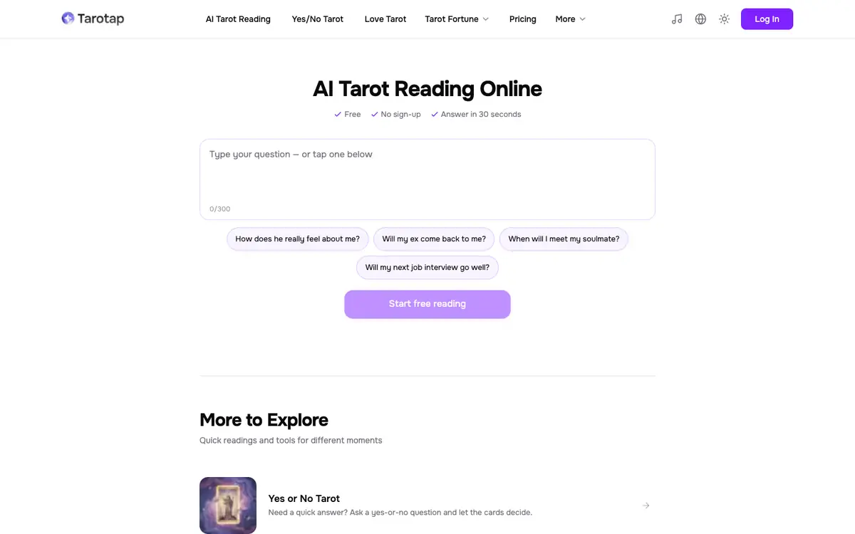 Capture d’écran de la page d’accueil de Tarotap