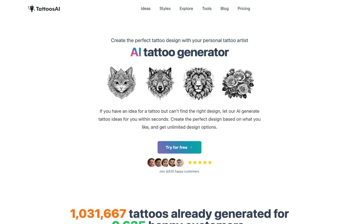 Capture d’écran de la page d’accueil de TattoosAI