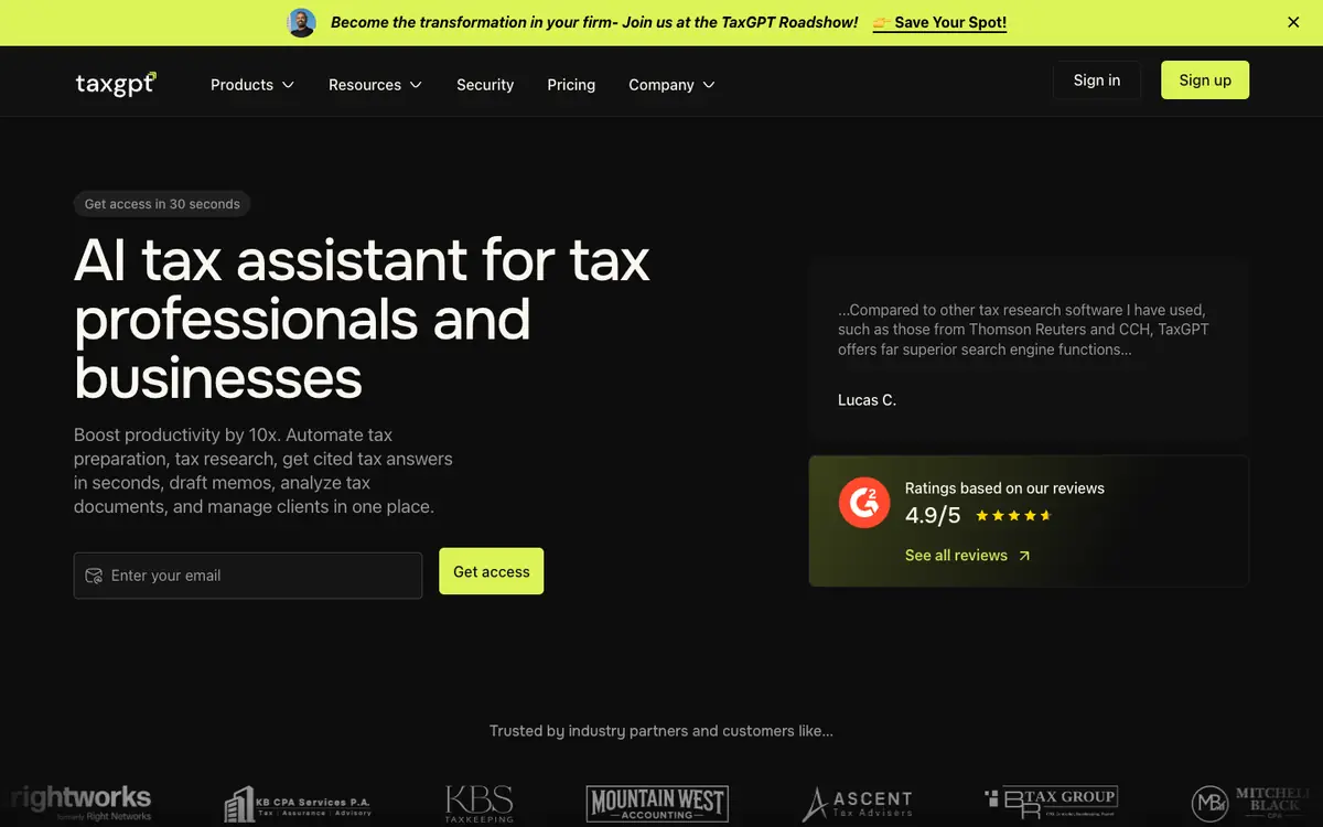 Capture d’écran de la page d’accueil de TaxGPT