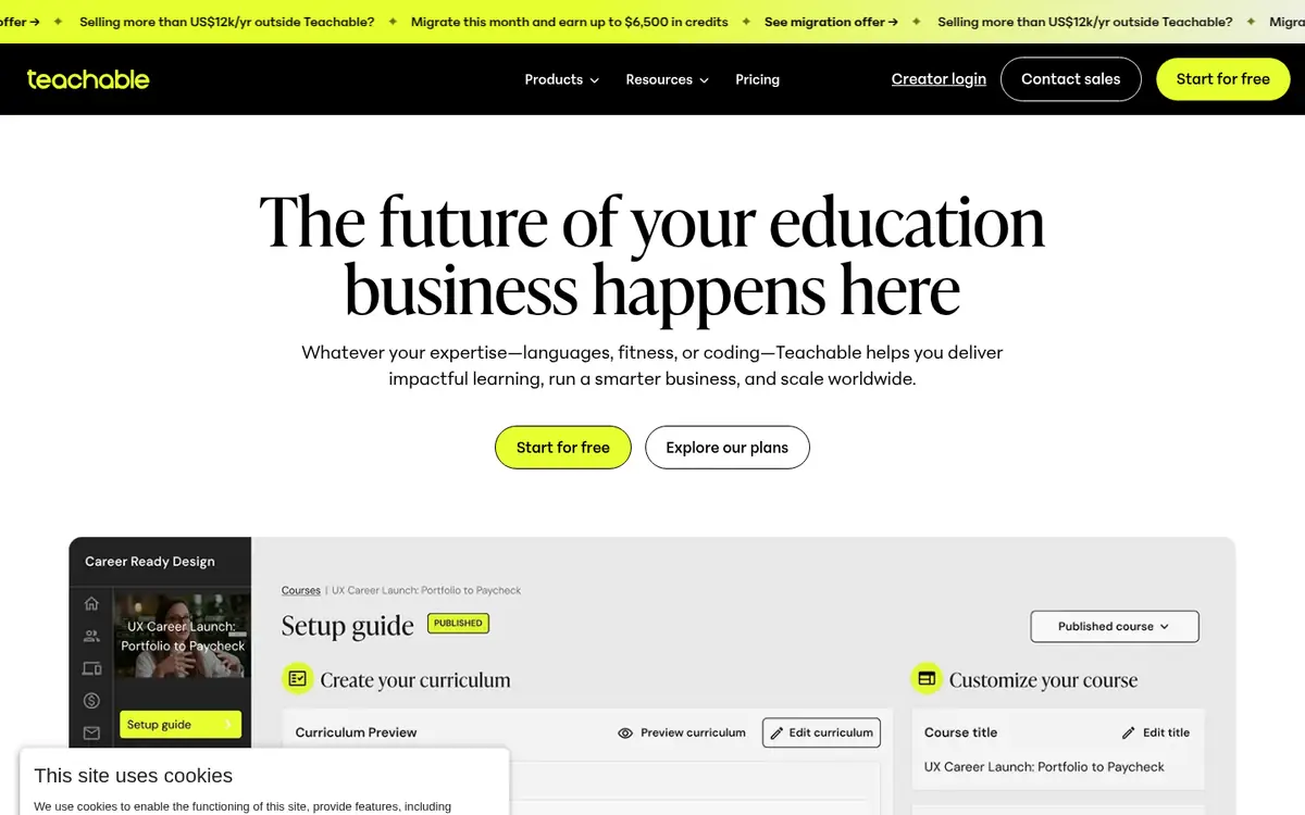 Capture d’écran de la page d’accueil de Teachable