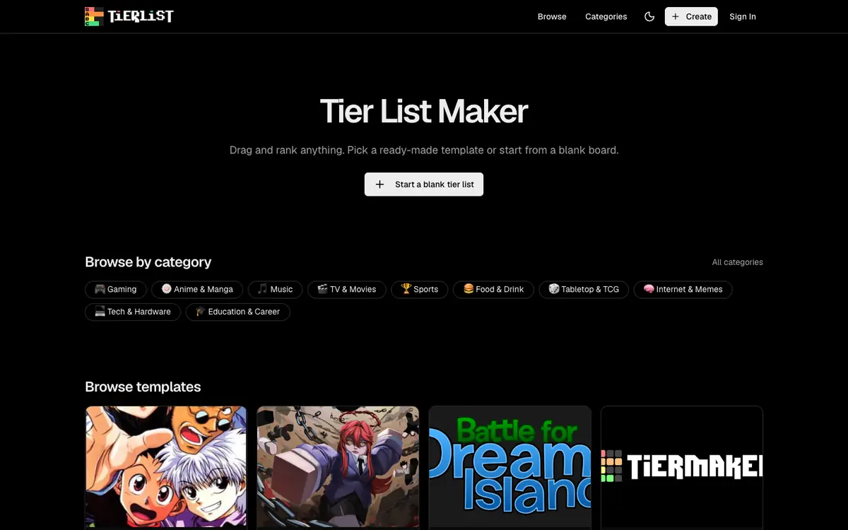 Capture d’écran de la page d’accueil de Tier List Maker