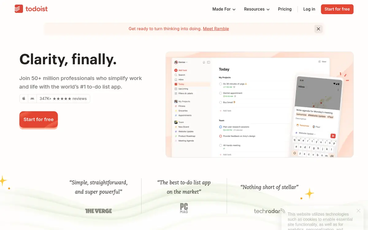 Capture d’écran de la page d’accueil de Todoist