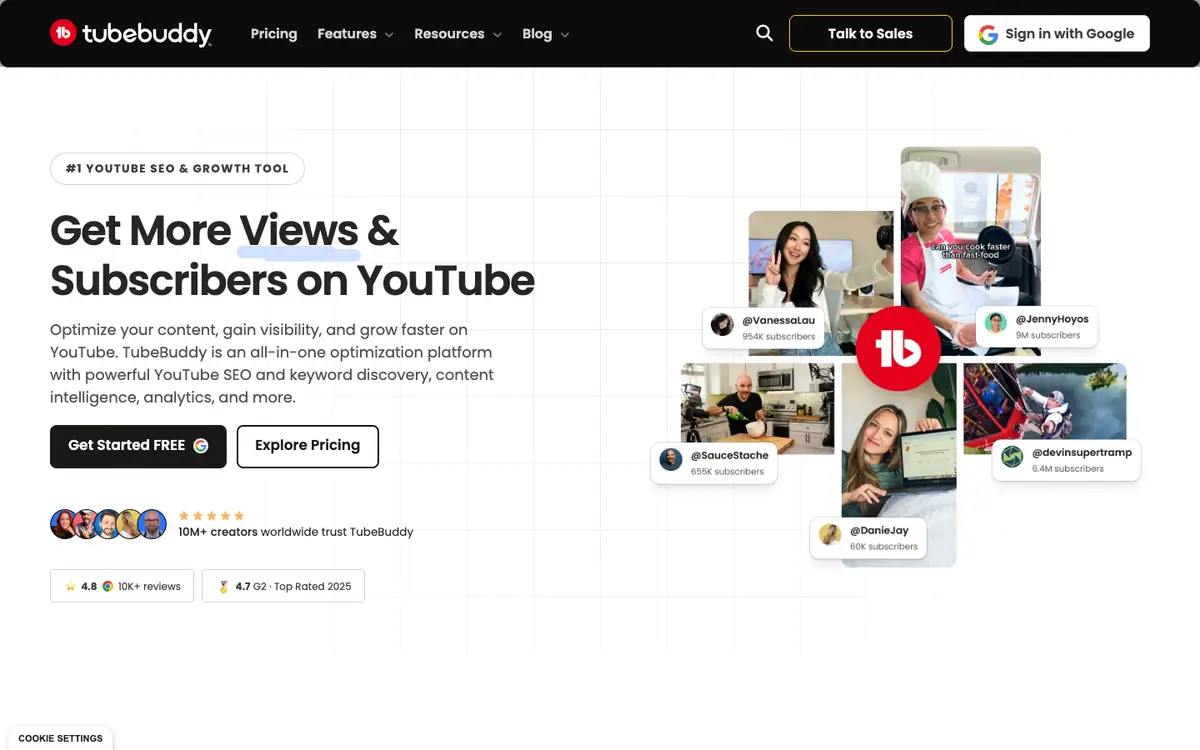 Capture d’écran de la page d’accueil de TubeBuddy