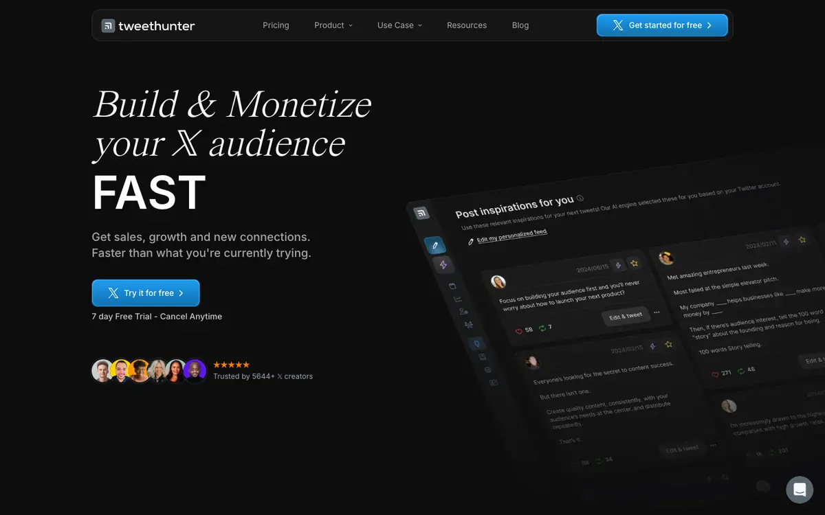 Capture d’écran de la page d’accueil de Tweet Hunter
