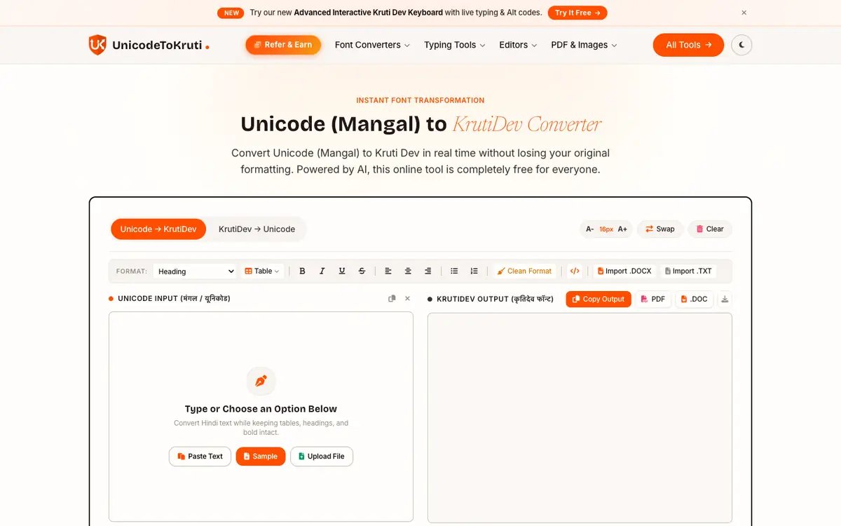 Capture d’écran de la page d’accueil de UnicodeToKruti