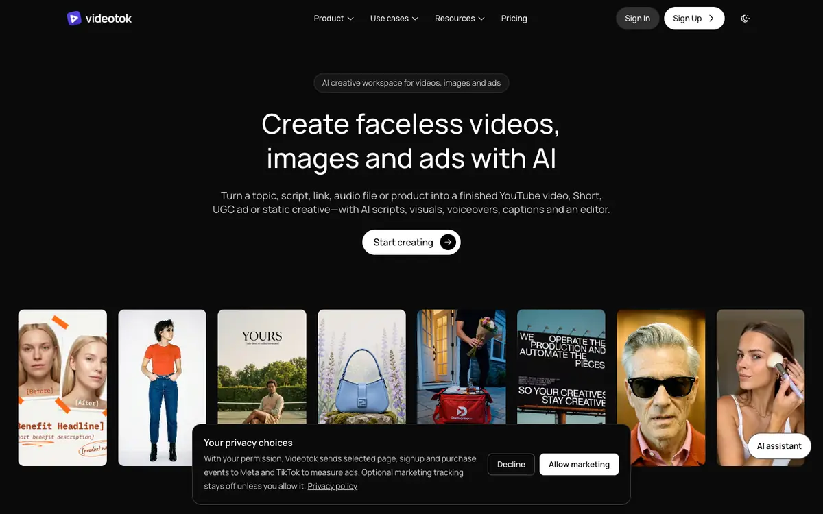 Capture d’écran de la page d’accueil de Videotok