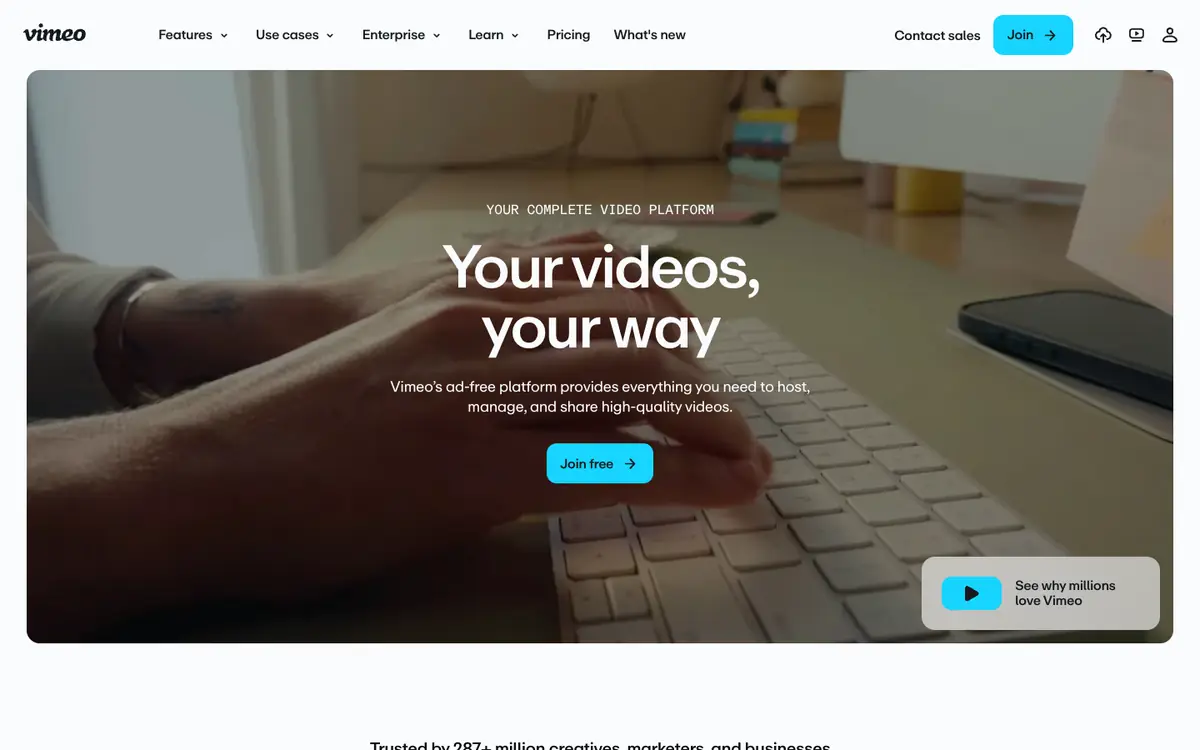 Capture d’écran de la page d’accueil de Vimeo