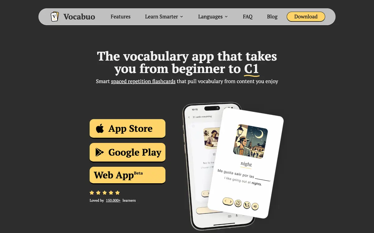 Capture d’écran de la page d’accueil de Vocabuo