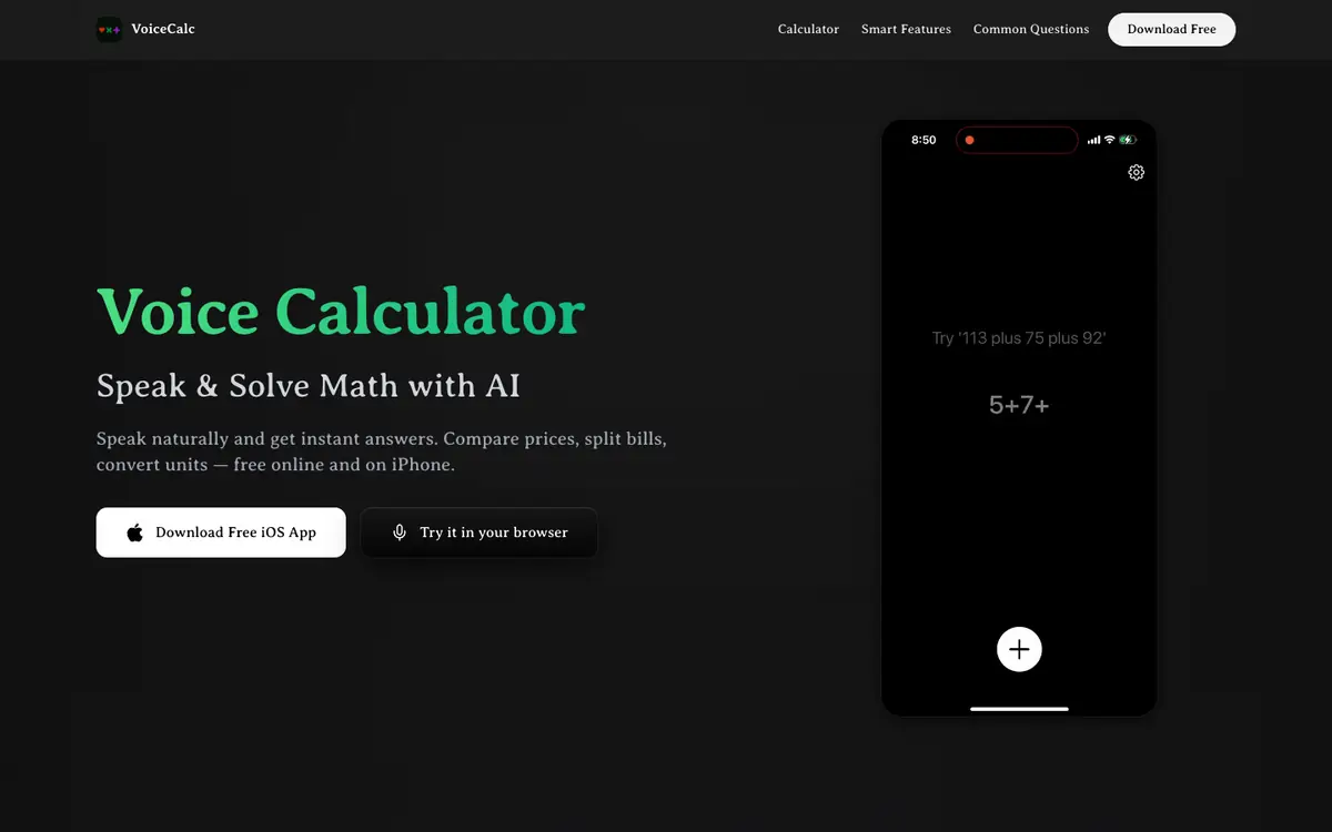 Capture d’écran de la page d’accueil de Voice Calculator