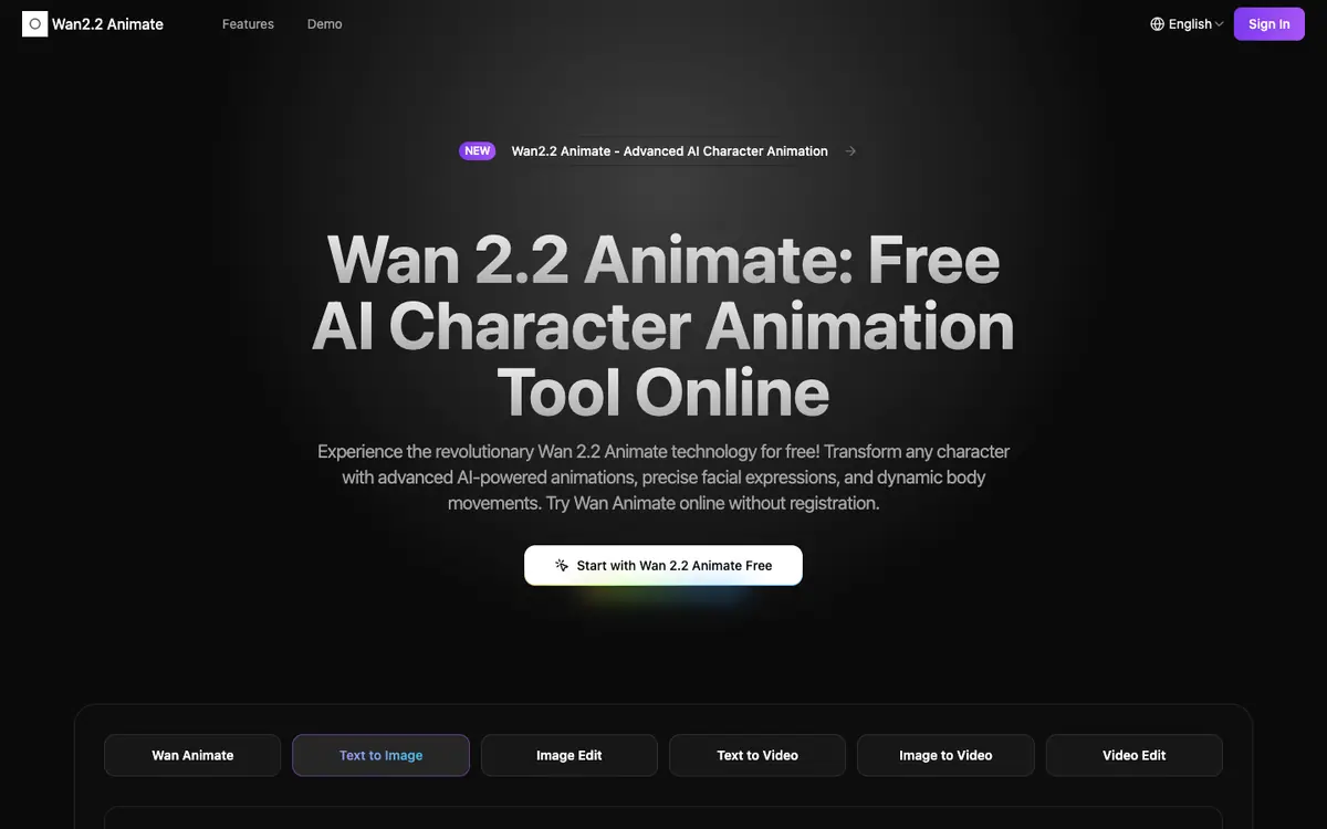Capture d’écran de la page d’accueil de Wan2.2 Animate