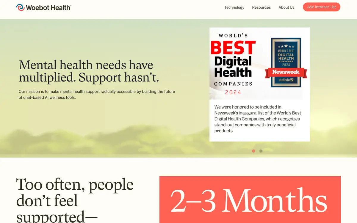 Capture d’écran de la page d’accueil de Woebot Health